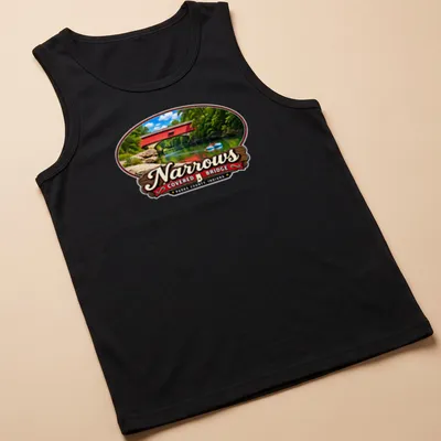 Illustration of Narrows Covered Bridge in Americana style with colorful details — printed on a tank top