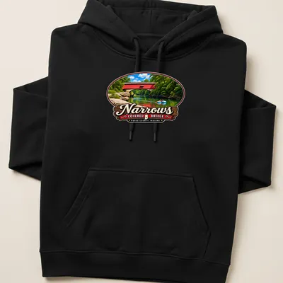 Illustration of Narrows Covered Bridge in Americana style with colorful details — printed on a unisex hoodie