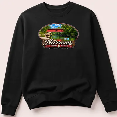 Illustration of Narrows Covered Bridge in Americana style with colorful details — printed on a unisex sweatshirt