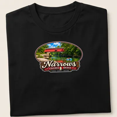 Illustration of Narrows Covered Bridge in Americana style with colorful details — printed on a unisex t-shirt