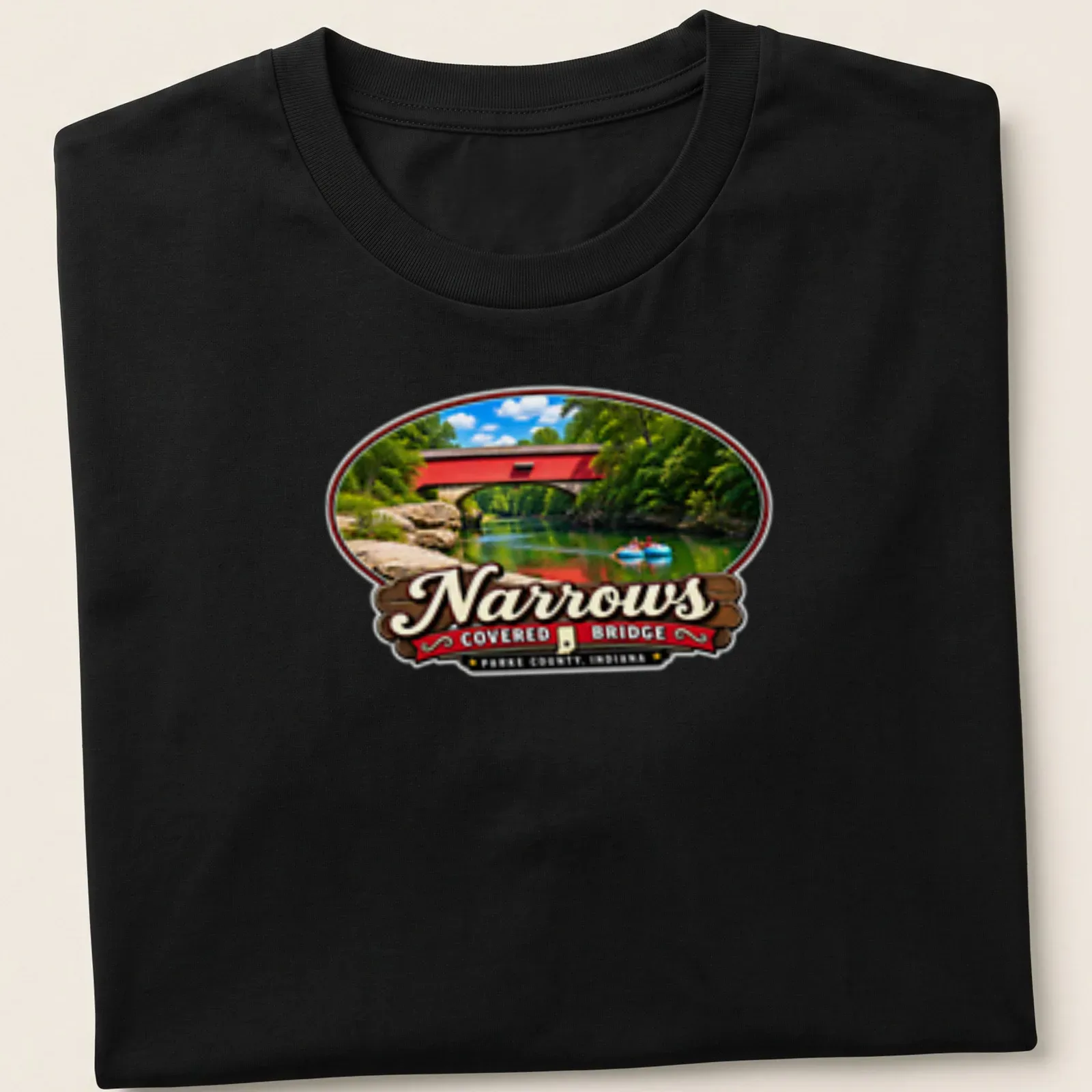 Illustration of Narrows Covered Bridge in Americana style with colorful details — printed on a unisex t-shirt