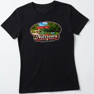 Illustration of Narrows Covered Bridge in Americana style with colorful details — printed on a women's shirt