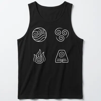 Minimalist line-art symbols of water, wind, fire, and earth in white and light gray — printed on a tank top