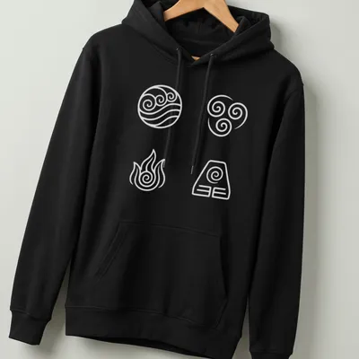 Minimalist line-art symbols of water, wind, fire, and earth in white and light gray — printed on a unisex hoodie