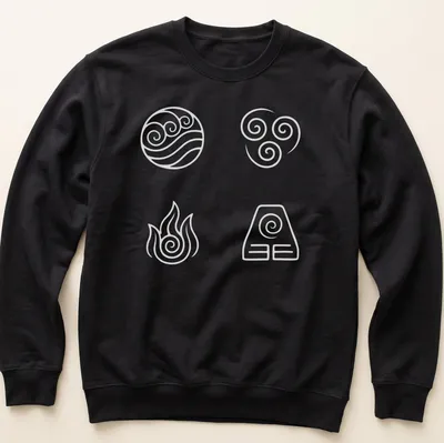 Minimalist line-art symbols of water, wind, fire, and earth in white and light gray — printed on a unisex sweatshirt