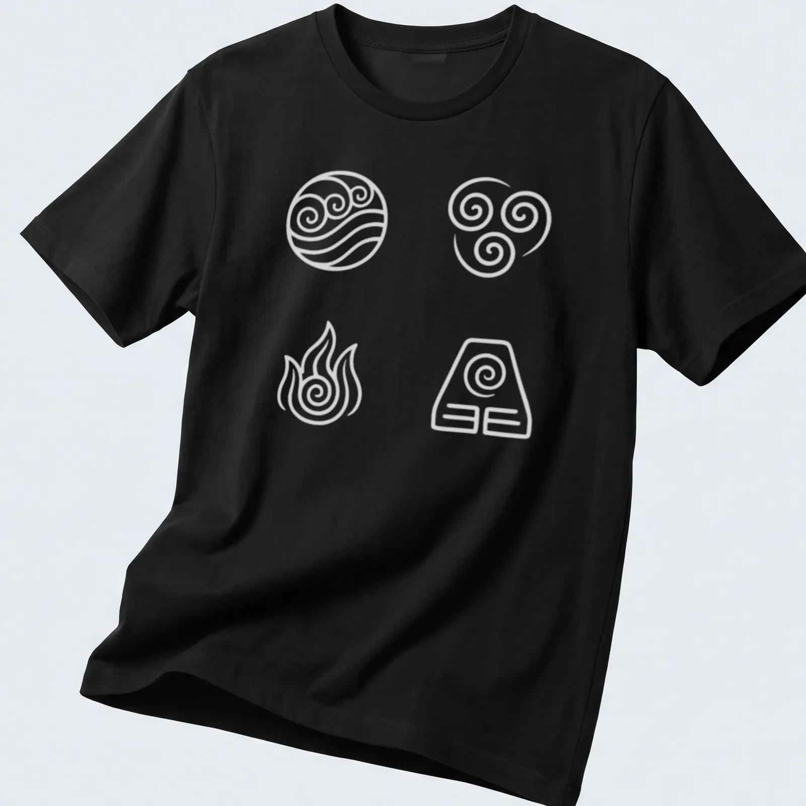 Minimalist line-art symbols of water, wind, fire, and earth in white and light gray — printed on a unisex t-shirt