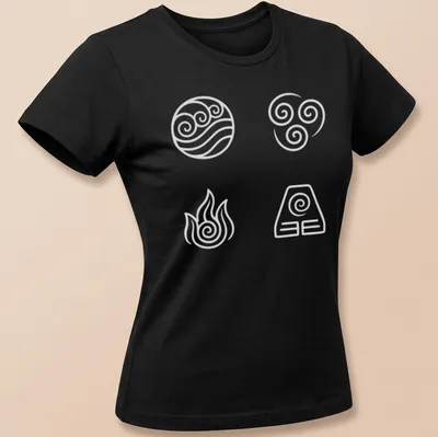 Minimalist line-art symbols of water, wind, fire, and earth in white and light gray — printed on a women's shirt