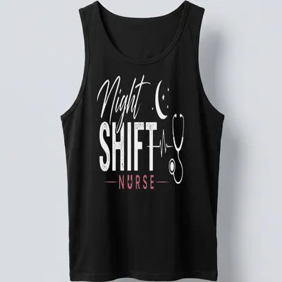 Stylish Night Shift Nurse t-shirt with stethoscope graphic in modern script — printed on a tank top