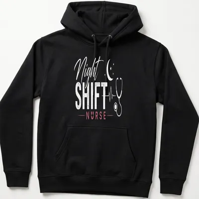Stylish Night Shift Nurse t-shirt with stethoscope graphic in modern script — printed on a unisex hoodie