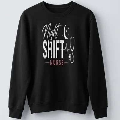 Stylish Night Shift Nurse t-shirt with stethoscope graphic in modern script — printed on a unisex sweatshirt