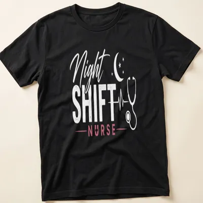 Stylish Night Shift Nurse t-shirt with stethoscope graphic in modern script — printed on a unisex t-shirt