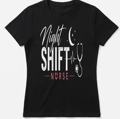 Stylish Night Shift Nurse t-shirt with stethoscope graphic in modern script — printed on a women's shirt