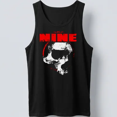 Distressed T-shirt featuring the word 'NINE' above a design of skulls in red and white. — printed on a tank top