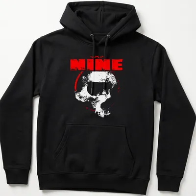 Distressed T-shirt featuring the word 'NINE' above a design of skulls in red and white. — printed on a unisex hoodie
