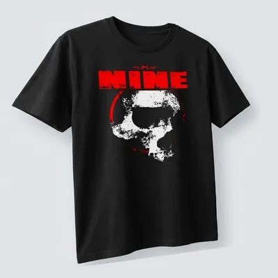 Distressed T-shirt featuring the word 'NINE' above a design of skulls in red and white. — printed on a unisex t-shirt (angled view)