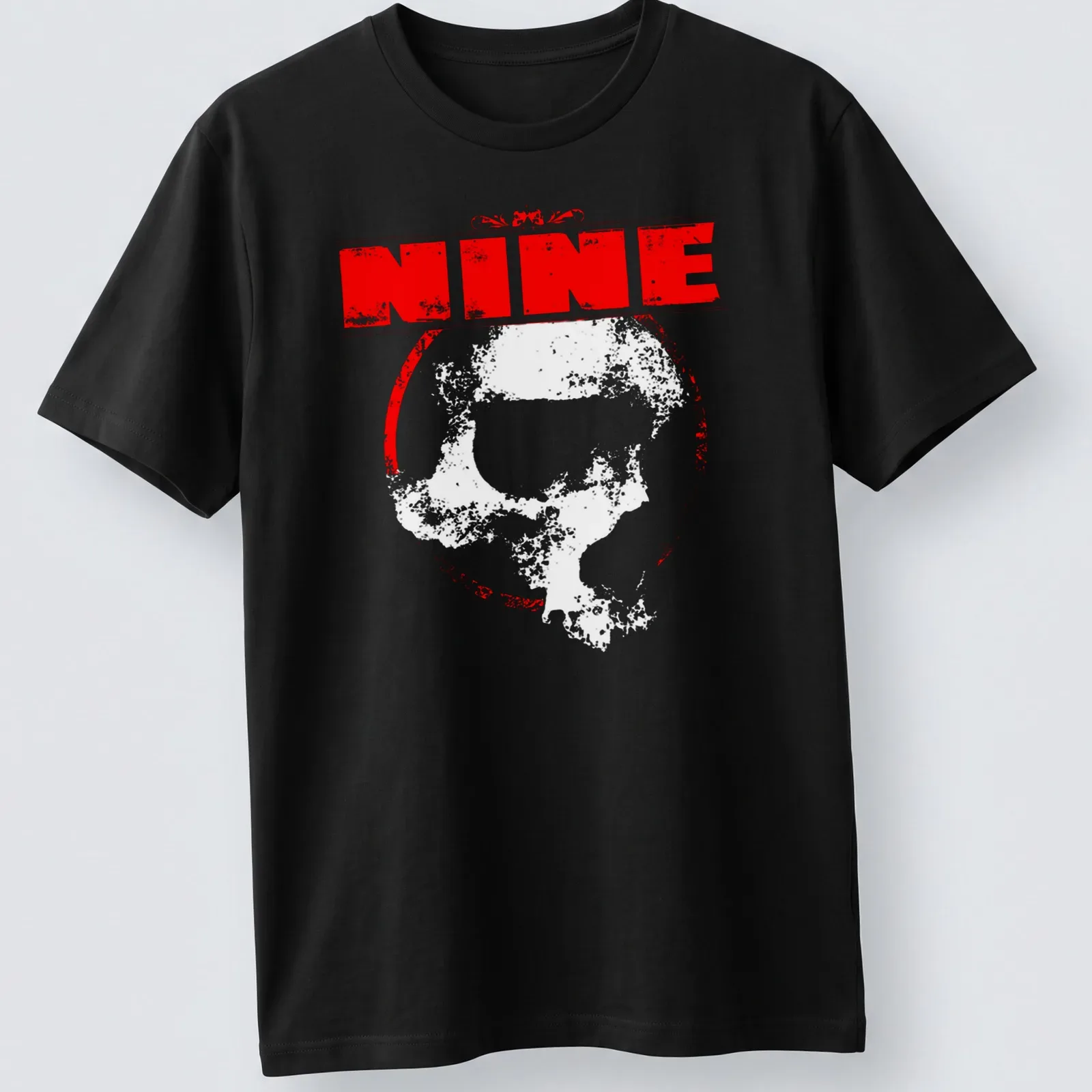 Distressed T-shirt featuring the word 'NINE' above a design of skulls in red and white. — printed on a unisex t-shirt