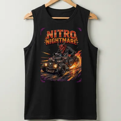 Vintage comic style graphic of a fiery devil in a hot rod with bold colors — printed on a tank top