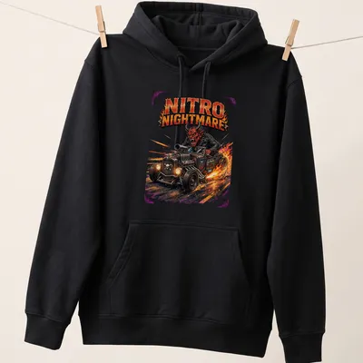 Vintage comic style graphic of a fiery devil in a hot rod with bold colors — printed on a unisex hoodie