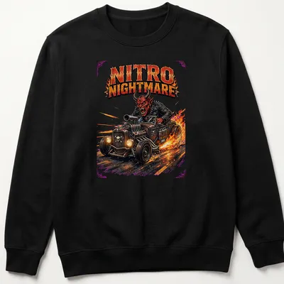 Vintage comic style graphic of a fiery devil in a hot rod with bold colors — printed on a unisex sweatshirt