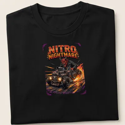 Vintage comic style graphic of a fiery devil in a hot rod with bold colors — printed on a unisex t-shirt