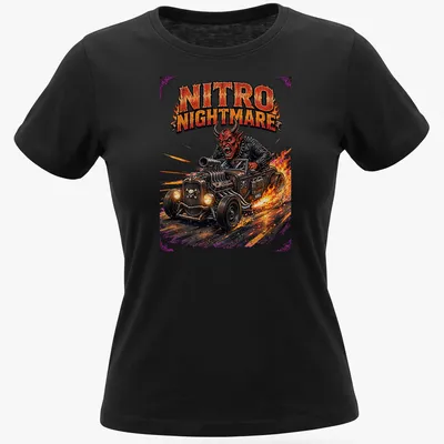 Vintage comic style graphic of a fiery devil in a hot rod with bold colors — printed on a women's shirt