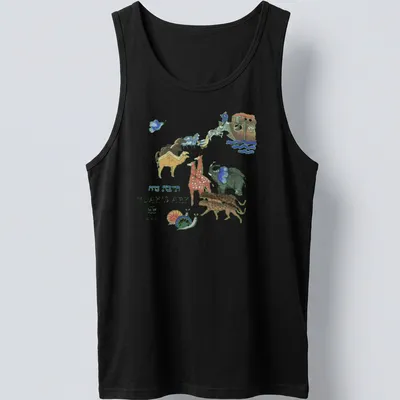 Vintage Noah's Ark t-shirt featuring colorful animals and whimsical illustration — printed on a tank top