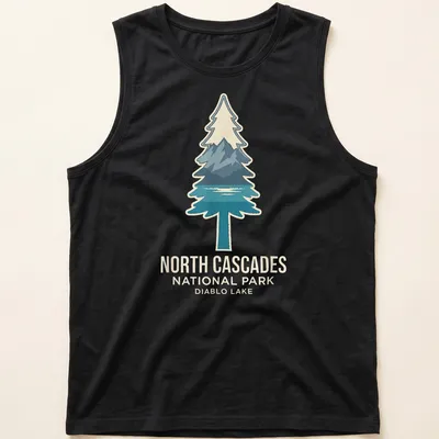 Mountain landscape featuring Diablo Lake and trees with modern graphic style — printed on a tank top