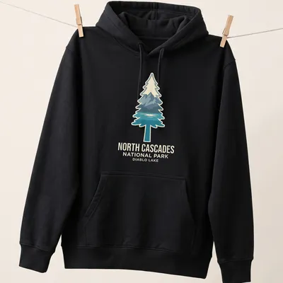 Mountain landscape featuring Diablo Lake and trees with modern graphic style — printed on a unisex hoodie