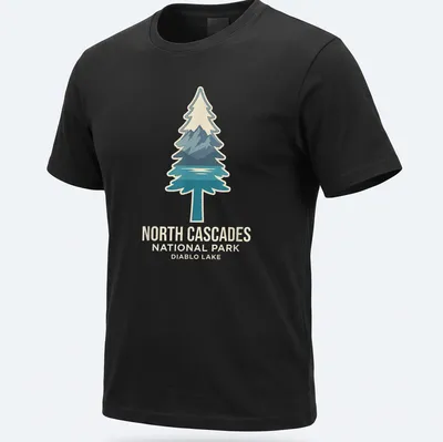 Mountain landscape featuring Diablo Lake and trees with modern graphic style — printed on a unisex t-shirt