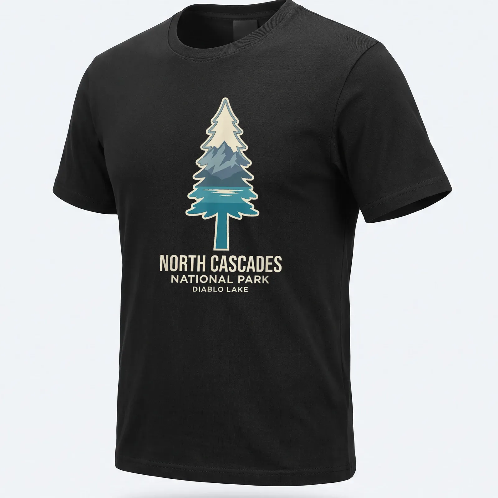 Mountain landscape featuring Diablo Lake and trees with modern graphic style — printed on a unisex t-shirt