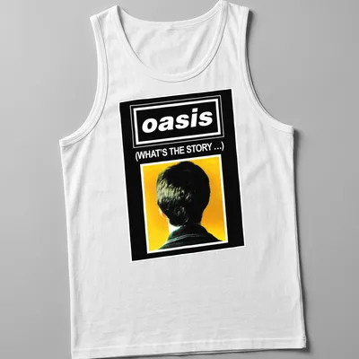 Minimalist design featuring a person's head and the phrase about Oasis — printed on a tank top