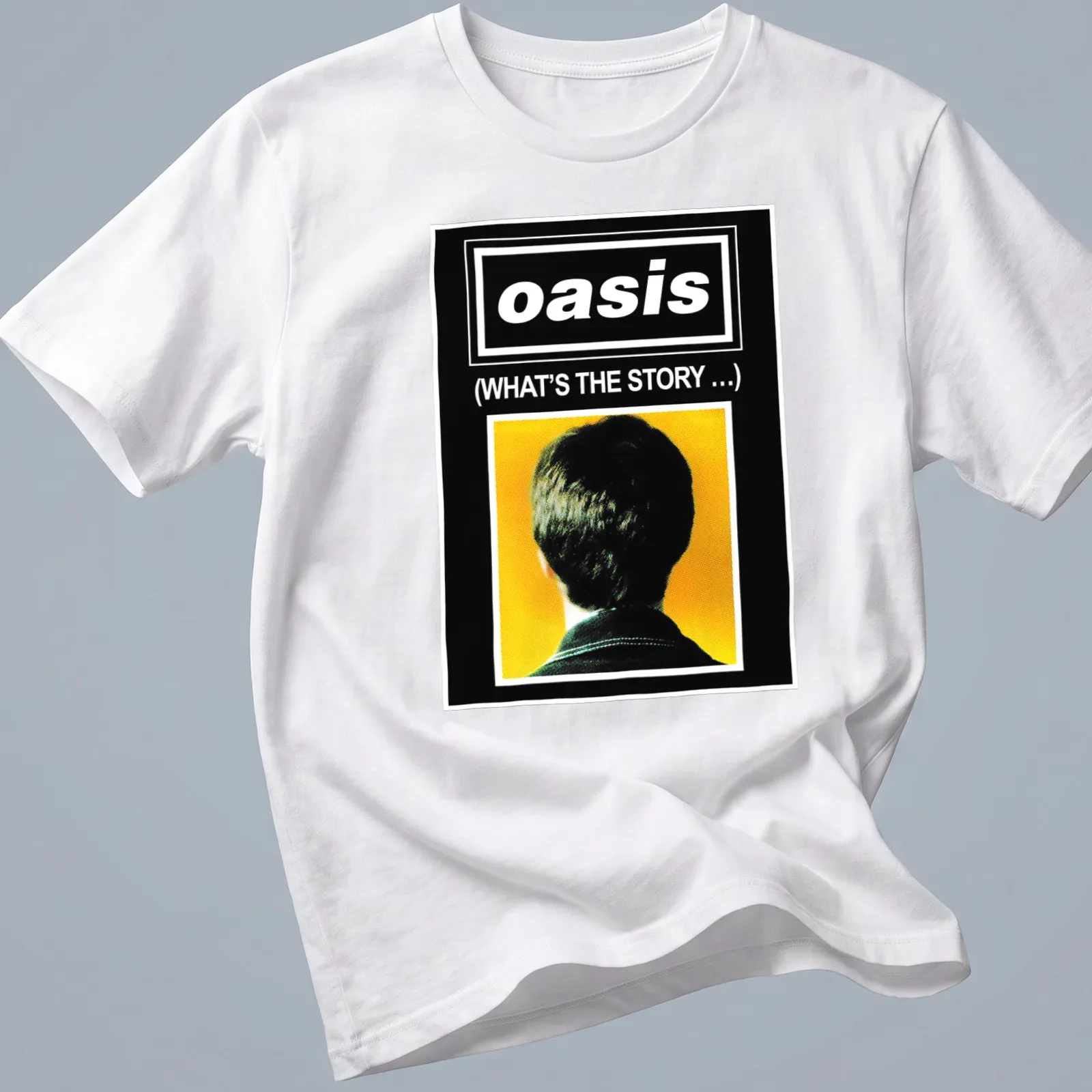 Minimalist design featuring a person's head and the phrase about Oasis — printed on a unisex t-shirt