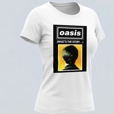 Minimalist design featuring a person's head and the phrase about Oasis — printed on a women's shirt