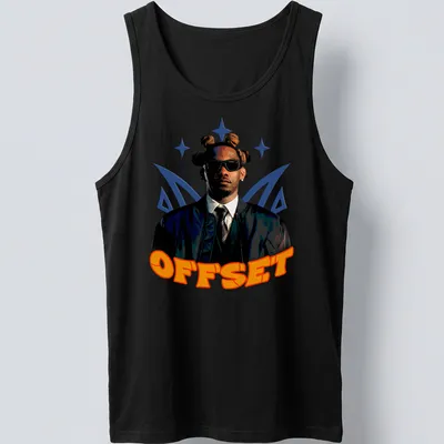 Bold graphic OFFSET t-shirt featuring a person with sunglasses and unique hairstyle — printed on a tank top