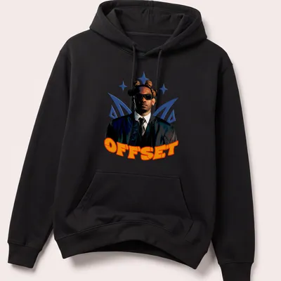 Bold graphic OFFSET t-shirt featuring a person with sunglasses and unique hairstyle — printed on a unisex hoodie