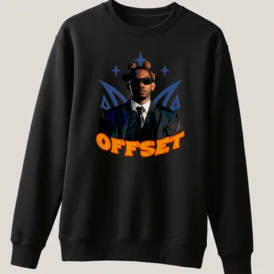 Bold graphic OFFSET t-shirt featuring a person with sunglasses and unique hairstyle — printed on a unisex sweatshirt
