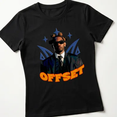 Bold graphic OFFSET t-shirt featuring a person with sunglasses and unique hairstyle — printed on a women's shirt