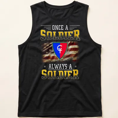 Vintage distressed 38th Infantry Division crest with text Once A Soldier Always A Soldier — printed on a tank top