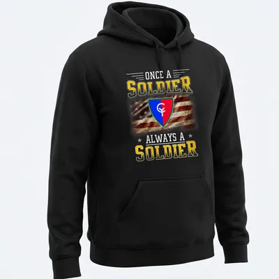 Vintage distressed 38th Infantry Division crest with text Once A Soldier Always A Soldier — printed on a unisex hoodie