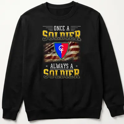 Vintage distressed 38th Infantry Division crest with text Once A Soldier Always A Soldier — printed on a unisex sweatshirt