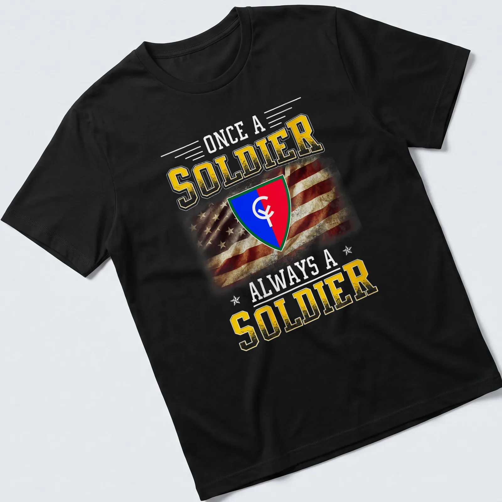 Vintage distressed 38th Infantry Division crest with text Once A Soldier Always A Soldier — printed on a unisex t-shirt