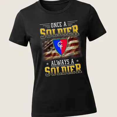 Vintage distressed 38th Infantry Division crest with text Once A Soldier Always A Soldier — printed on a women's shirt