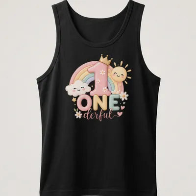 Kawaii design featuring a pastel rainbow, sun, and clouds with the text One Derful — printed on a tank top