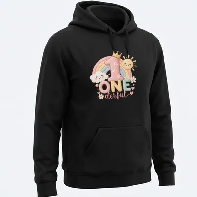 Kawaii design featuring a pastel rainbow, sun, and clouds with the text One Derful — printed on a unisex hoodie