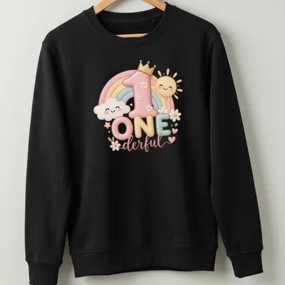 Kawaii design featuring a pastel rainbow, sun, and clouds with the text One Derful — printed on a unisex sweatshirt