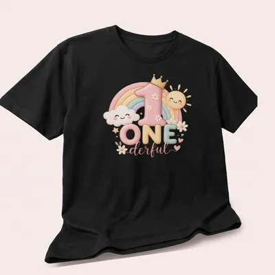 Kawaii design featuring a pastel rainbow, sun, and clouds with the text One Derful — printed on a unisex t-shirt (angled view)