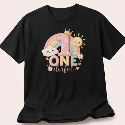 Kawaii design featuring a pastel rainbow, sun, and clouds with the text One Derful — printed on a unisex t-shirt