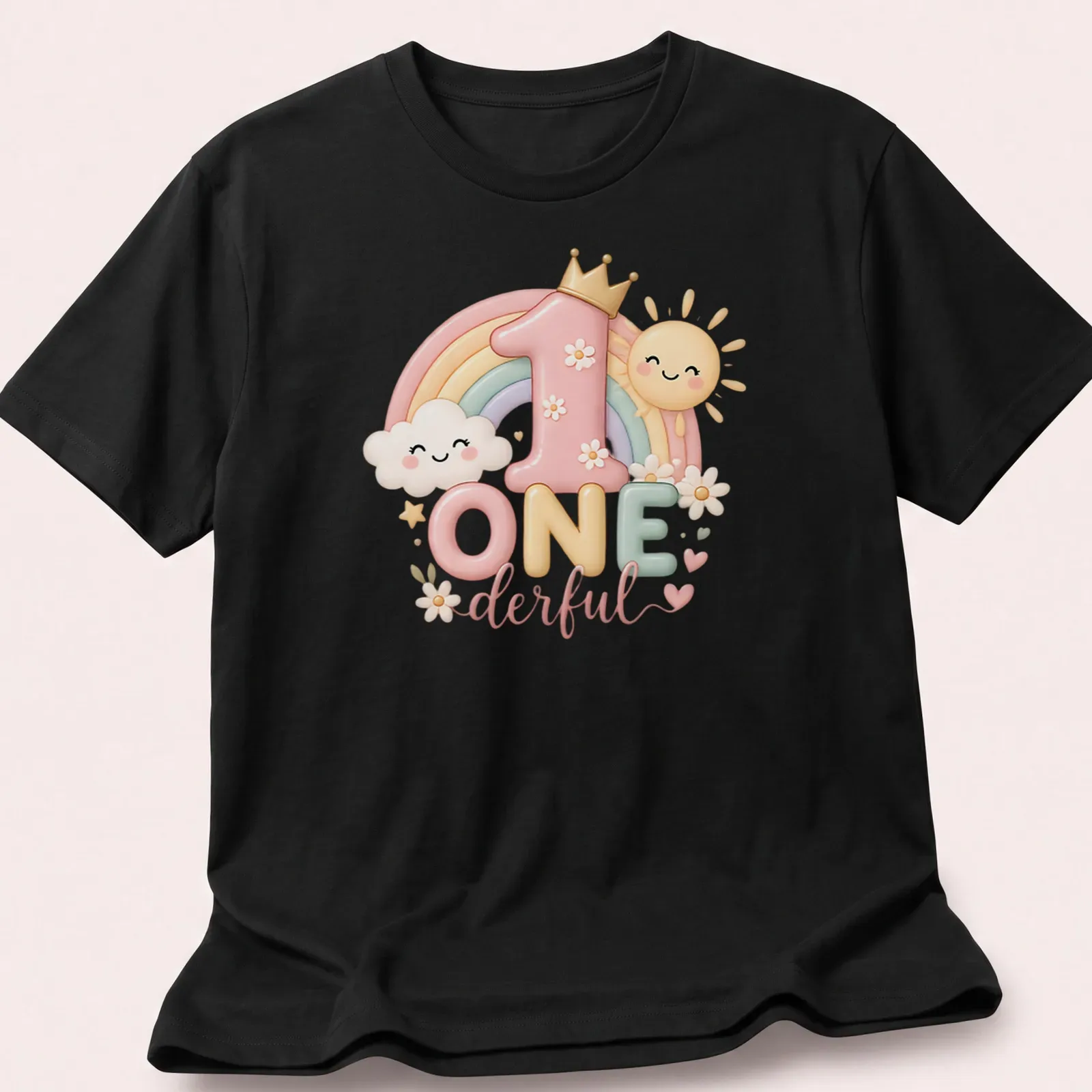 Kawaii design featuring a pastel rainbow, sun, and clouds with the text One Derful — printed on a unisex t-shirt