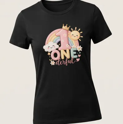 Kawaii design featuring a pastel rainbow, sun, and clouds with the text One Derful — printed on a women's shirt