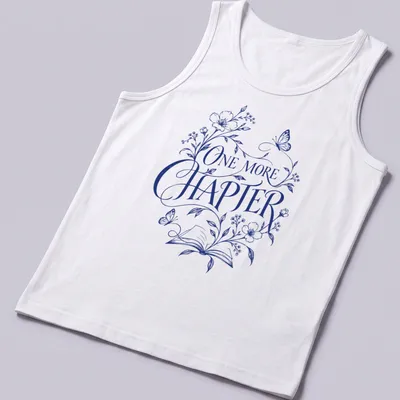 Elegant botanical design featuring an open book with flowers and butterflies, and 'One More Chapter' text — printed on a tank top